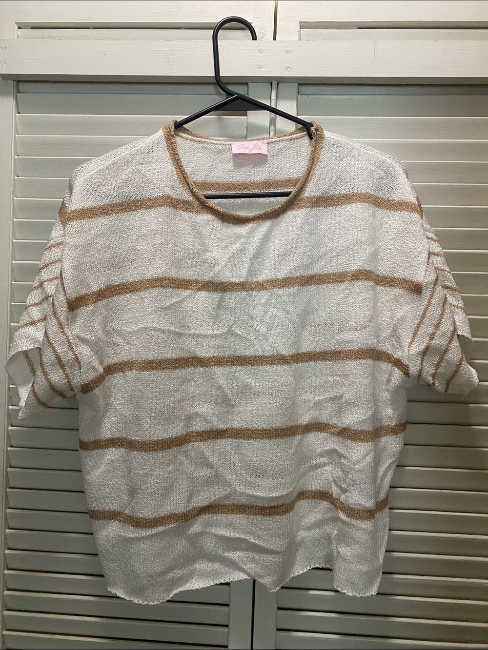 Pink Lily Cream & Tan Striped Short Sleeve Knit Sweater